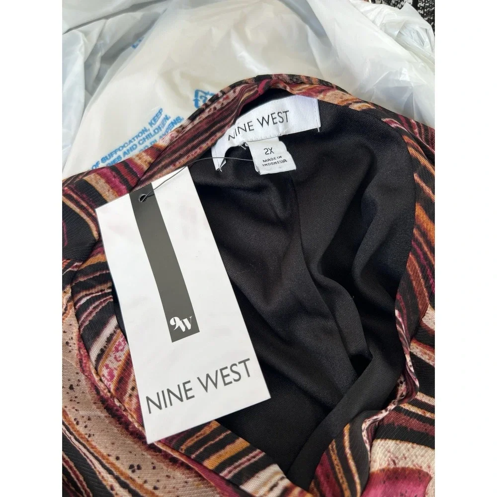 Nine West 2X Sheer Sleeves Overlay Ripple Midi Dress Ruched‎ Waist Pink Black